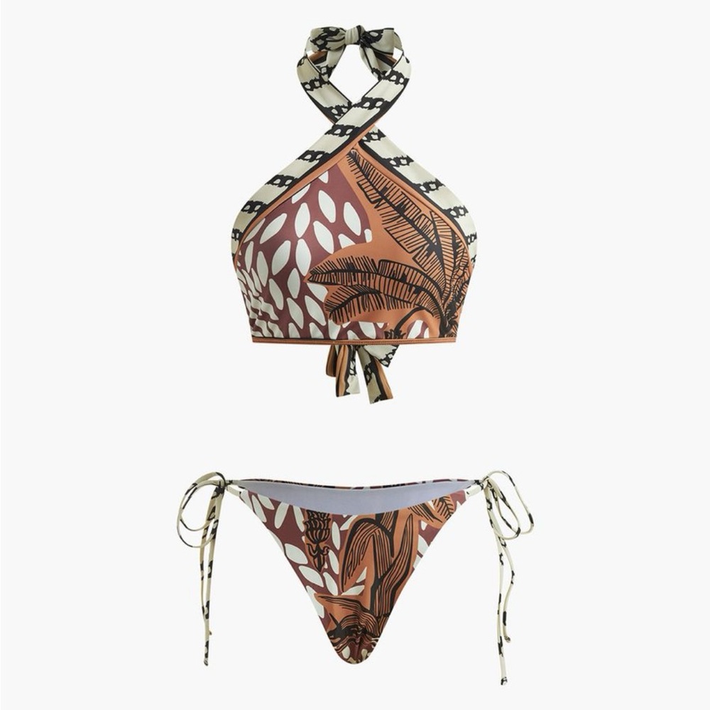 Tropical Print Halter Bikini Set